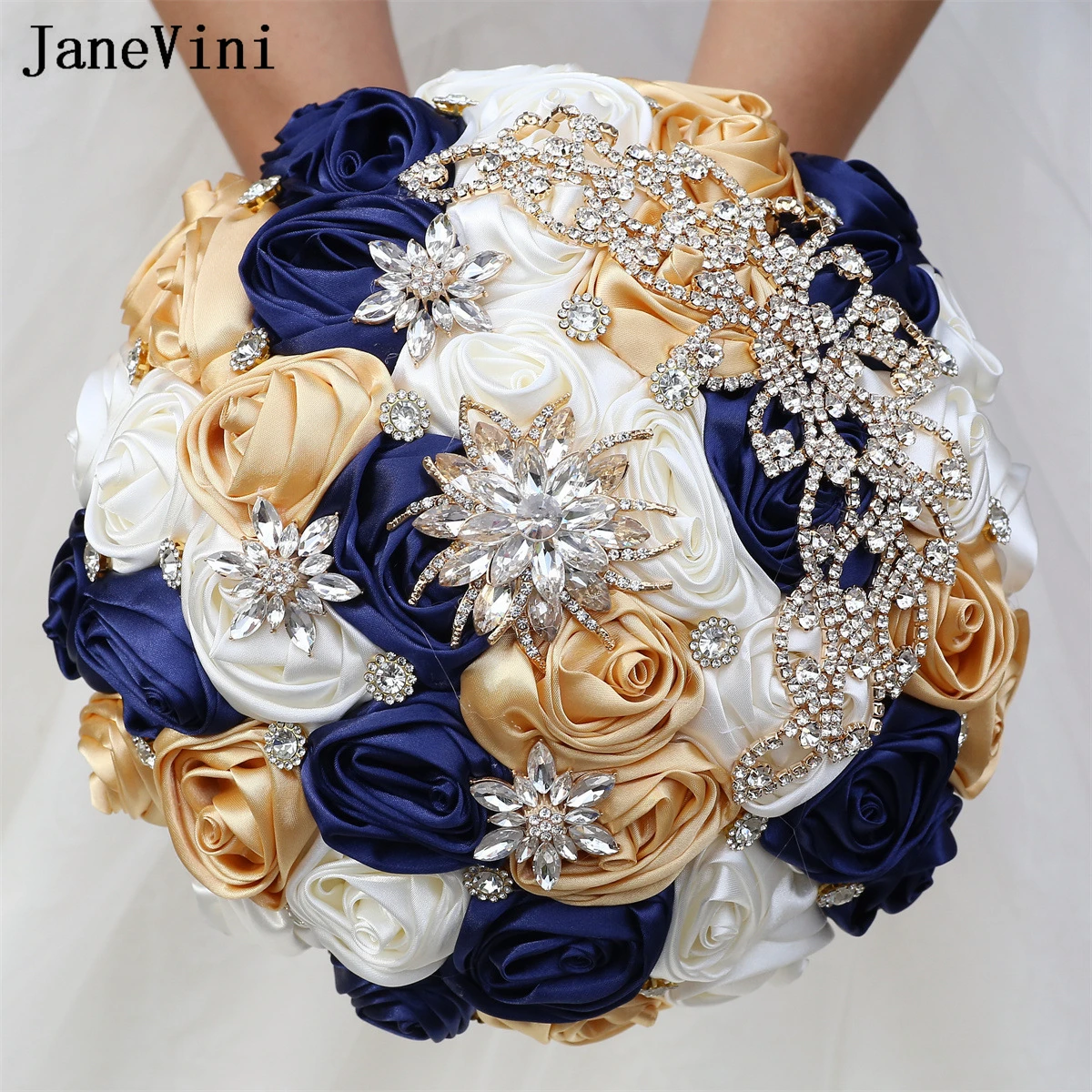 

JaneVini Artificial Navy Blue Wedding Bouquets Ribbon Roses Luxury Gold Rhinestones Bridal Flower Bouquet for Wedding Decoration