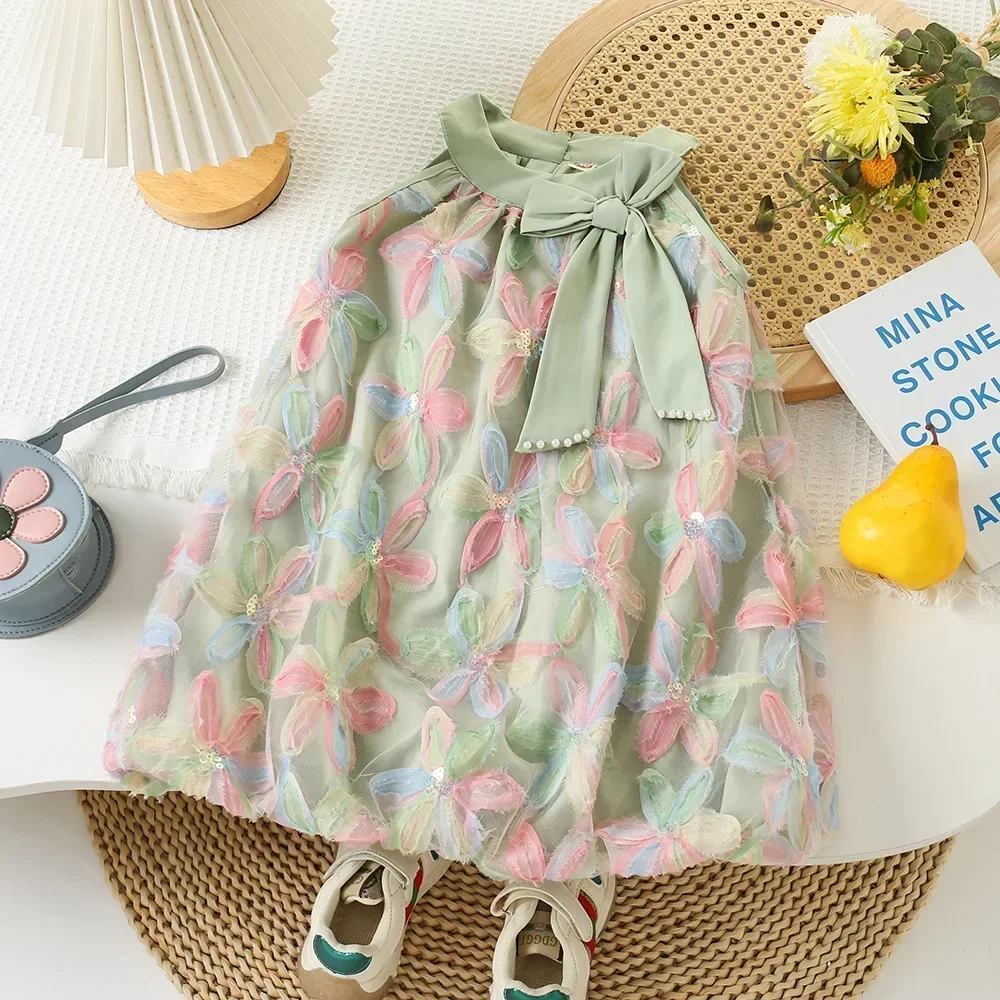 Baby Girls summer Sleeveless floral dress 2024 new children clothing Kids bowtie princess dress