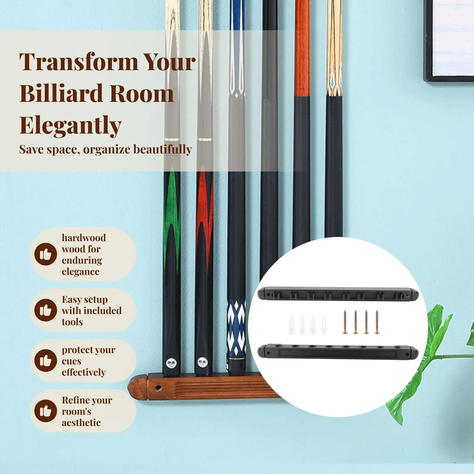 

Billiard Stick Holder Wooden Wall Rack Anti Slip Design Rod Organizer for Pool Game Rooms Bars and Snooker Accessories