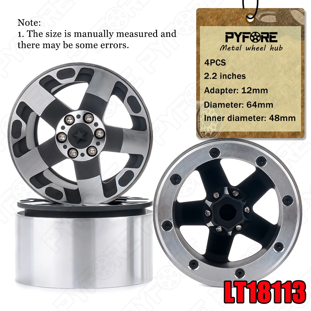 

PYFORE 2.2in 4pcs Metal Wheel Hub Diameter 64mm Inner Diameter 48mm Adapter 12mm for 1/8 1/10 Remote Crawler Car LT18113