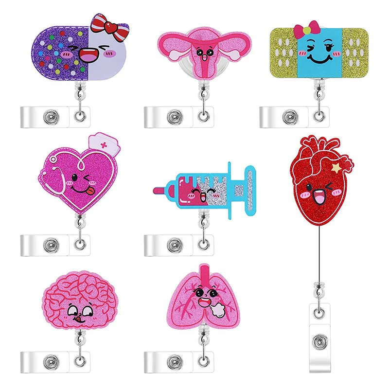 Glitter Acrylic Human Organs Nurse Hospital Badge Reel Retractable ID Badge Holder With 360 Rotating Alligator Clip Name Holder