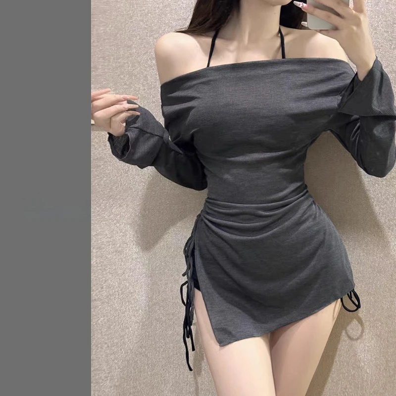 sexy Korean Fashion Conservative Bikinis Sets Three Pieces Solid Plain Bikini Shorts with Grey Cover Smock Swimsuit Biquini