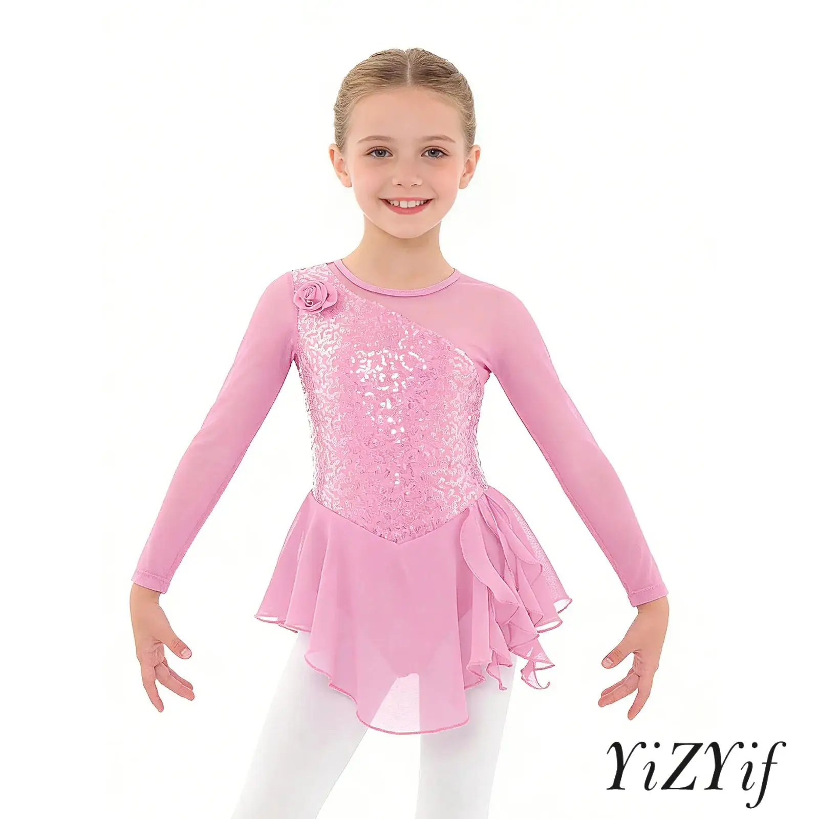 

Kids Sequins Decor Ice Skating Dress Girls Ballet Dance Wear Outfit Long Sleeve Flower Front Hollow Back Lyrical Dance Dress