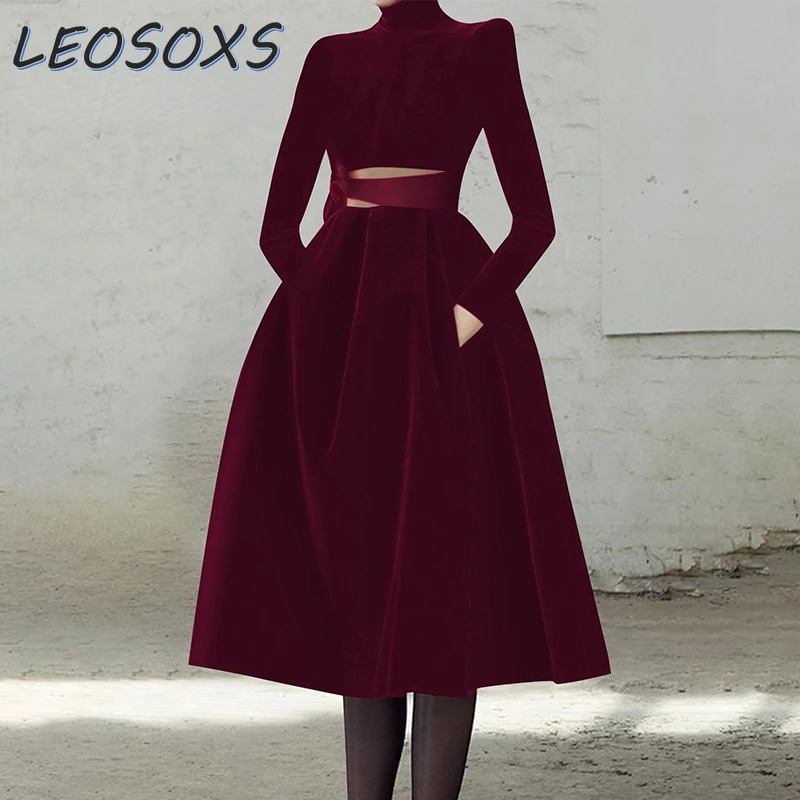 2023 Autumn and Winter New French Style Evening Mid- Length Dress Elegant Temperament Red Mid-Length Long Sleeve Velvet Dress