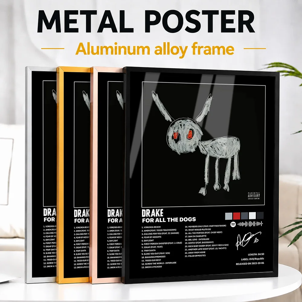 Drake - For All The Dogs Framed Aluminum Metal Poster Customized Photo High Contrast Stage Style Wall Art For Recording Studio