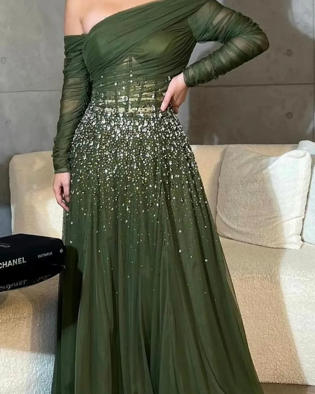 Luxury Green Evening Dresses Sequins Beadings Long Sleeves Prom Dresses Tulle Floor Length Formal Saudi Arabia Party Dresses