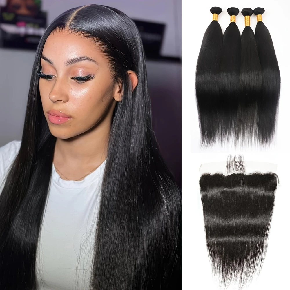 

3 пучка с прямыми человеческими волосами 13x4, кружево спереди, 100% бразильские девственные прямые 3 пучка фронтальных человеческих волос, натуральный цвет