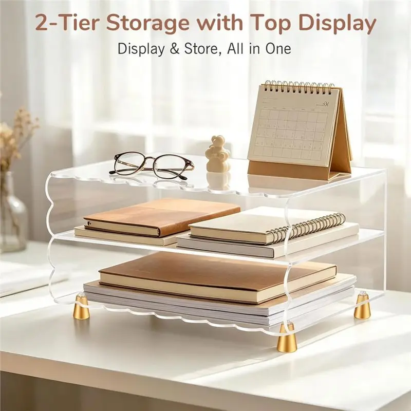 Scalloped Edge Acrylic Desk Organizer With Gold Metal Feet, Top Display Design, Space-Saving Paper Letter Tray