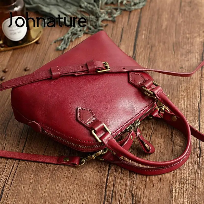 Johnature Genuine Leather Women Shell Bag 2024 New Versatile Solid Color Natural Real Cowhide Handbag Simple Small Shoulder Bags