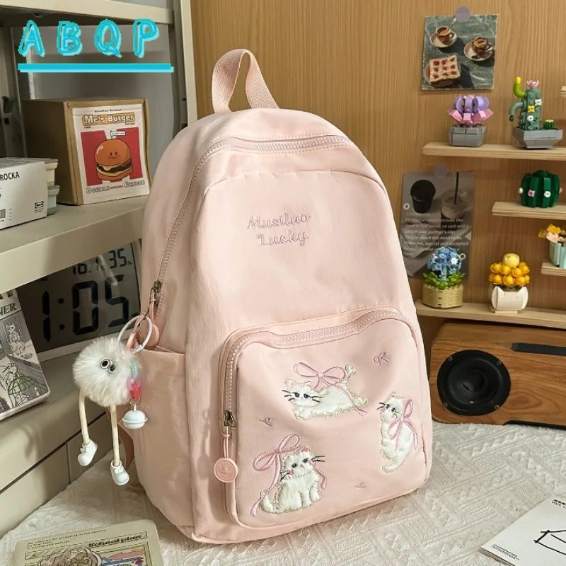 New Women's Backpack Cartoon Cat Embroidery Women's Casual Backpack Large Capacity Fashion School Bag Light and High Quality