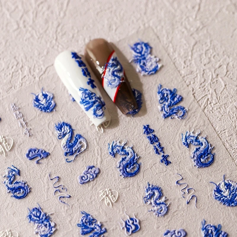 

Blue White Dragon Auspicious Clouds Chinese Style 3D Self Adhesive Nail Art Sticker Polarized Illusion Manicure Decals Wholesale