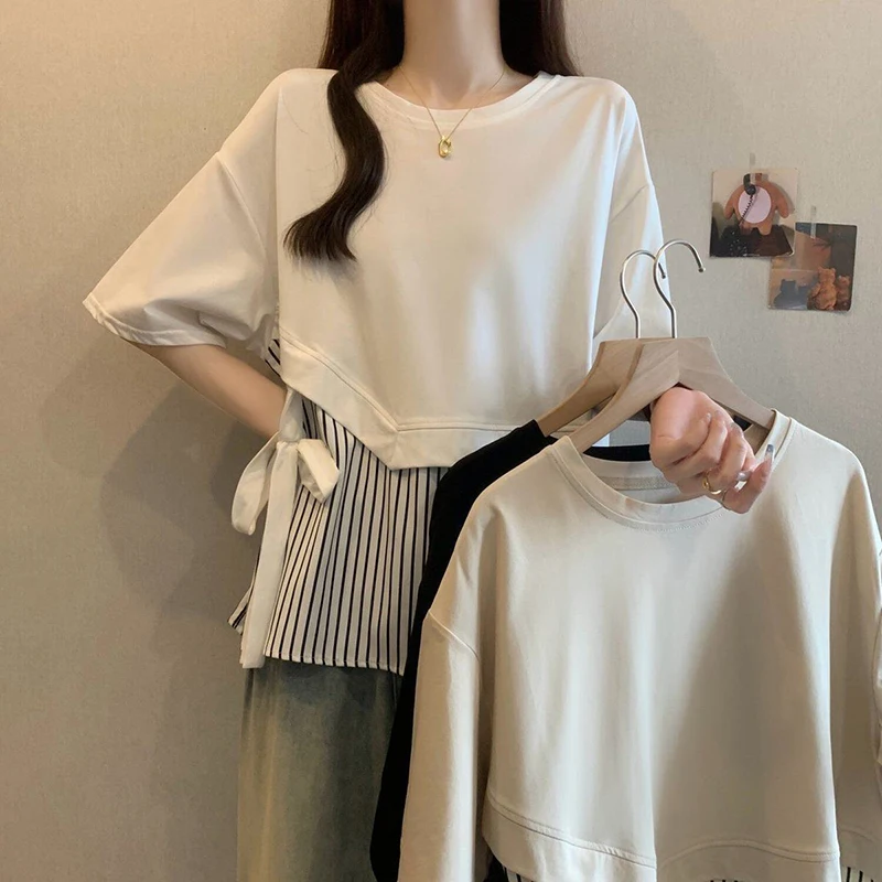 2026 Summer Ladies Striped Patchwork Irregular Short Sleeve Top Plus Size Loose Hide Belly Slim Casual Daily Blouse T Shirt