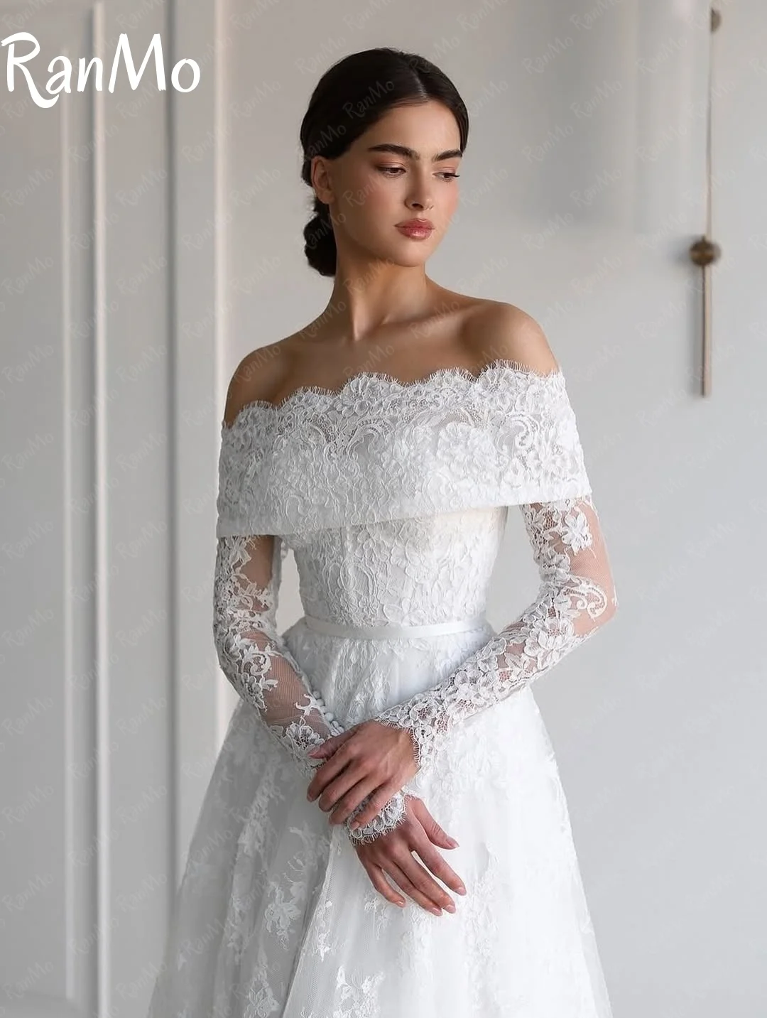 Ranmo Exquisite A-line Wedding Dress luxury Off Shoulder Bridal Gown Lace Long Sleeve Customized Vestidos De Novia Sweep Train