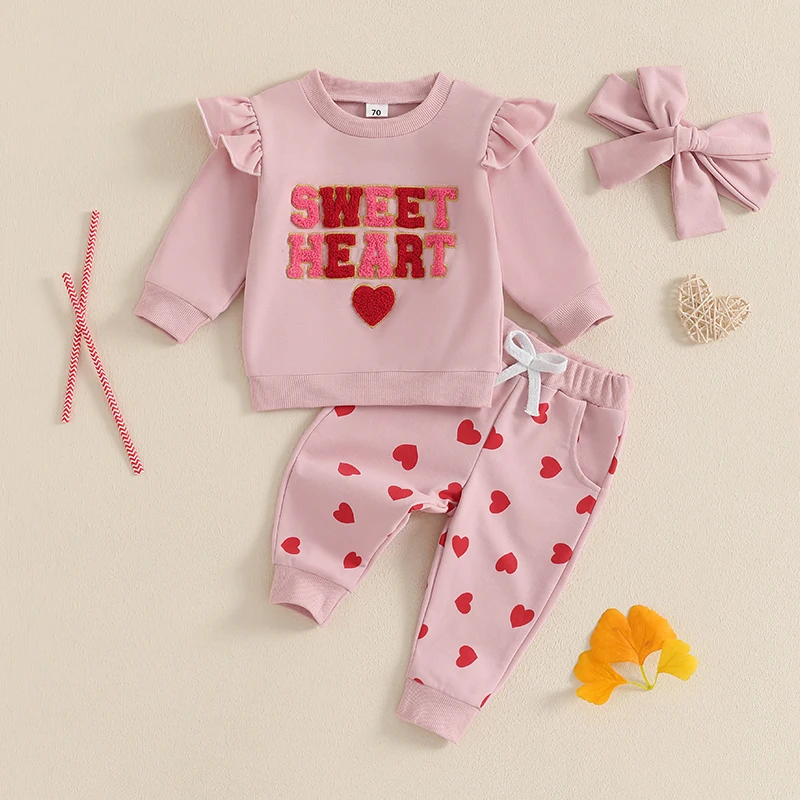 Baby Girls Valentine Outfits Letter Embroidery Ruffles Long Sleeves Sweatshirt and Heart Print Pants Headband