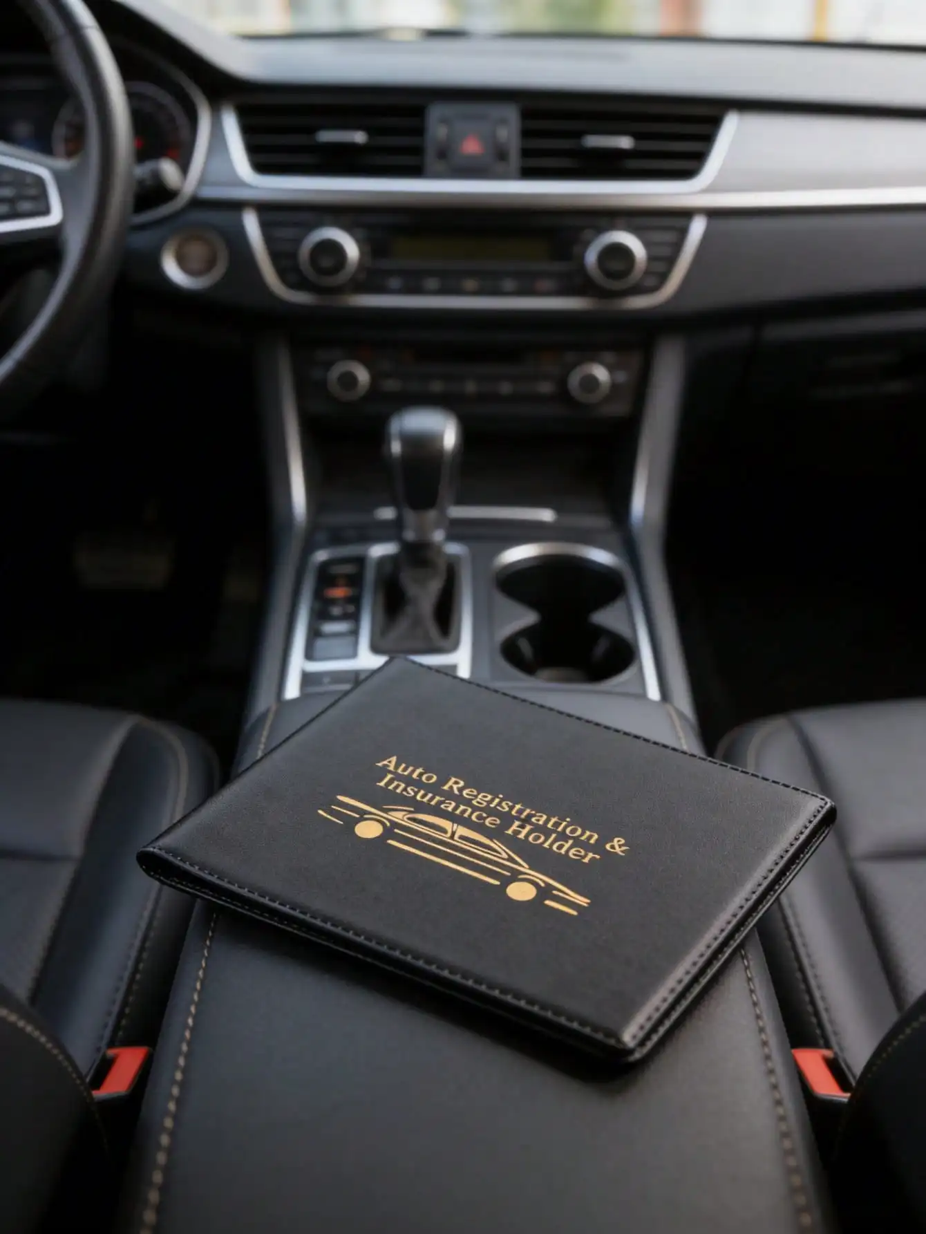 Durable PU Car & Motorcycle Document Organizer – Black with Golden Pattern, Multi-Card Slots for License & Vehicle Papers