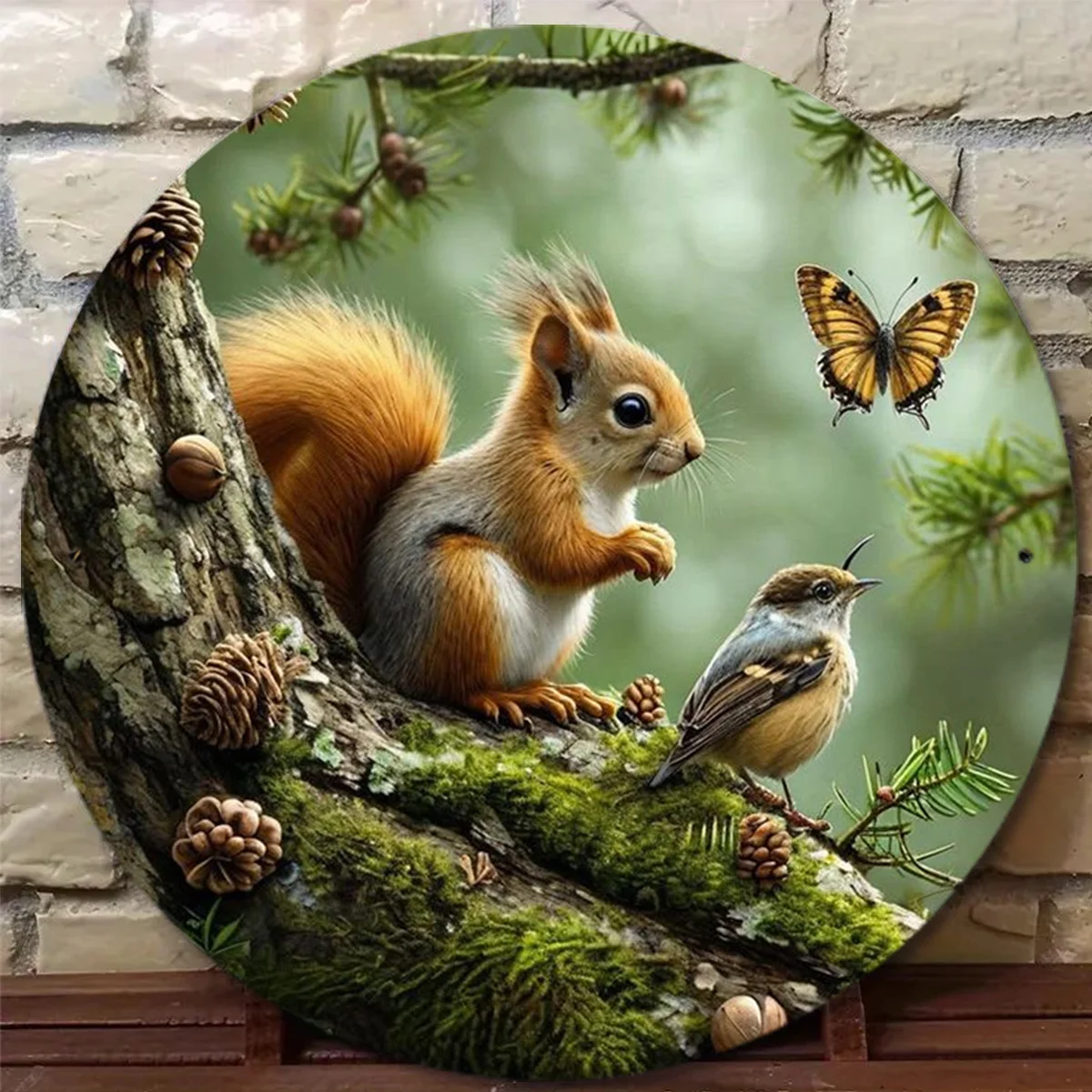 2D Flat 1pc Vintage Squirrel And Bird Shared Branch Spring Scene Aluminum Wall Art Sign | 20.32X20.32 cm Round, 2D Plane, Durabl