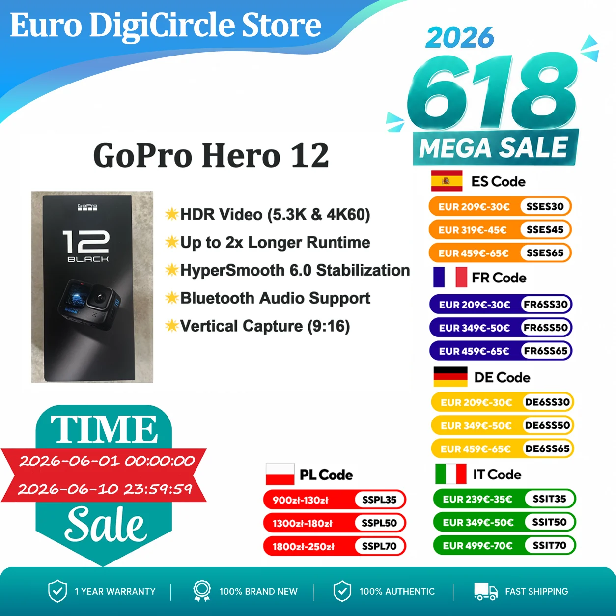 GoPro HERO12 Black - Caméra d'action étanche avec vidéo Ultra HD 5.3K60, photos 27MP, HDR, capteur d'image 1/1.9"
