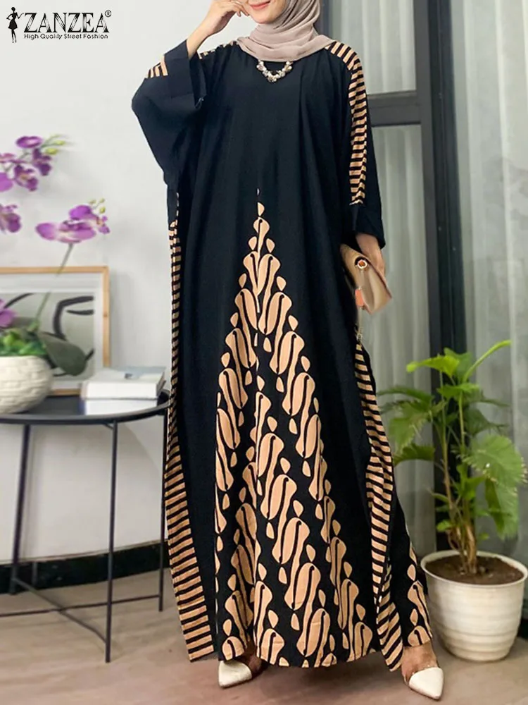 ZANZEA Vintage Ramadan Muslim Dress Women Summer Islamic Clothing Robe 3/4 Sleeve Floral Printed Eid Mubarek Turkey Sundress