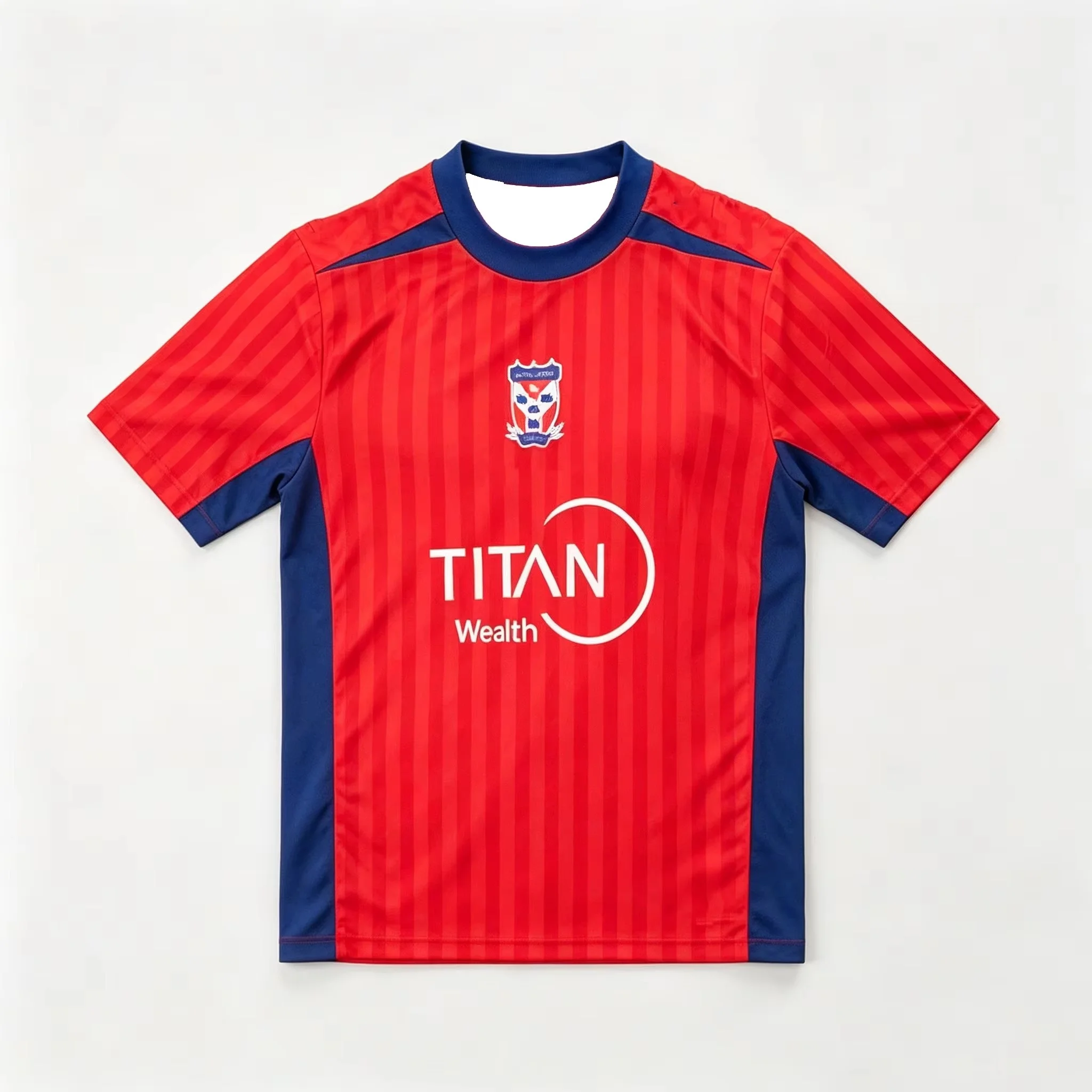 Men Titan Wealth Soccer Jersey Red Vertical Striped Navy Blue Panel Short Sleeve Football Fan Shirt Family Matching Clothing