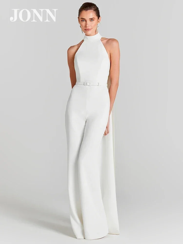 

JONN 2024 Summer New Women's White Sexy Halter Backless Belt Jumpsuit Bodycon Wide Leg Performance Jumpsuit with Ribbon