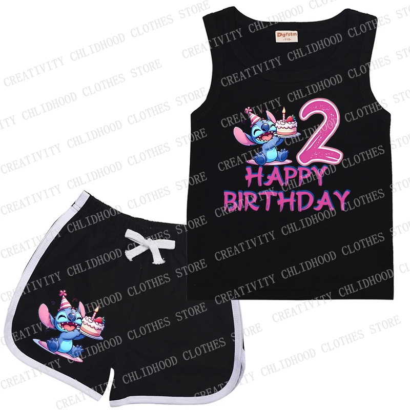 Stitch Children Suit Birthday Number 1-14 Sports Kids Vest & Shorts Casual Clothes Sleeveless Girl Boy 2Pcs Sets Summer Wear