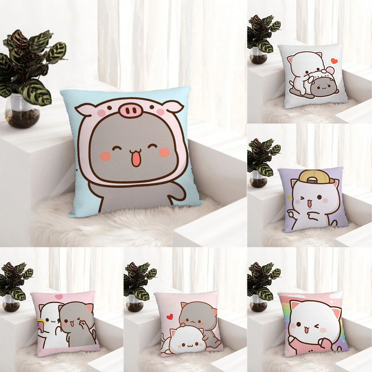 

Body Pillow Covers Decorative Cushions Cover for Sofa Cute Peach Cat Short Plush Double Sided Printing Pillows Decor Home Kawaii