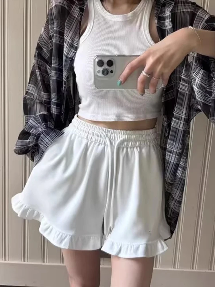 

Gagarich French Style Anti-aging Spliced Wood Ear Edge Casual Summer Style Niche Versatile Elastic Waistband Tied Short Pants