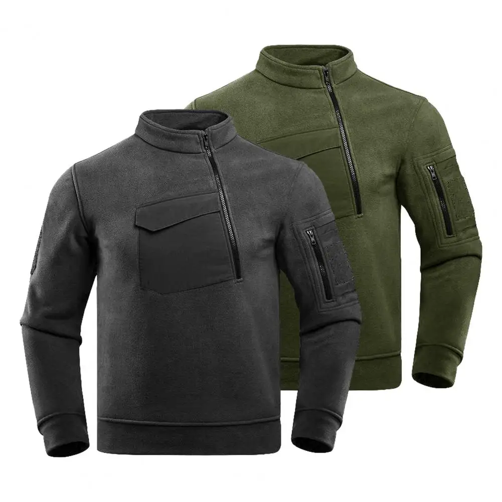 Autumn Winter Outdoor Tops Men's Thickened Fleece Lining Sweatshirt Warm Windproof Outdoor Hiking Tops with Stand for Autumn