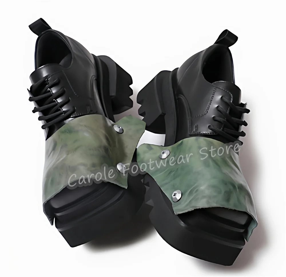 Fashion Square Toe Chunky Bottom Derby Shoes for Men Rivet Decor Lace-Up High Increasing Lace-Up Loafers Male Western Oxfords view 5