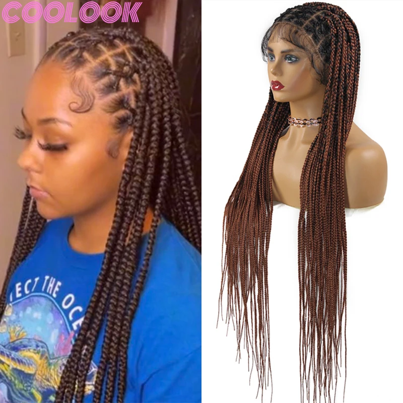 Ombre Brown Synthetic Full Lace Braided Wigs 36 Inch Square Part Braids Lace Frontal Wig Criss Cross Braid Goddess Faux Locs Wig