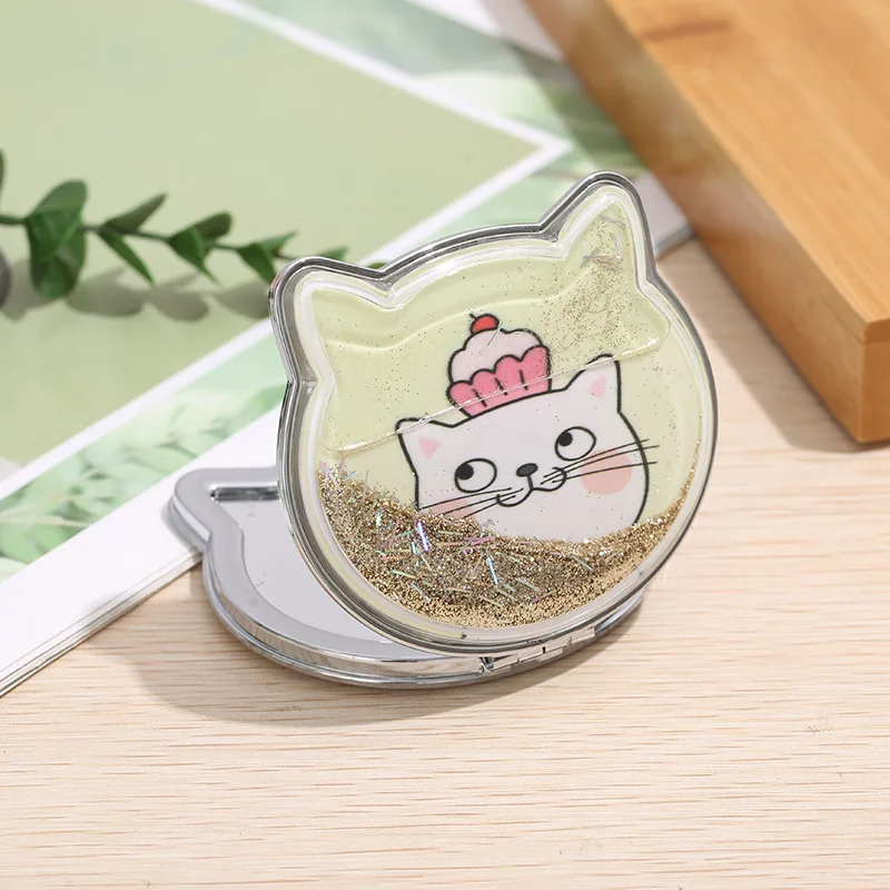 Cute Cat Shaped Handheld Mirror with Shiny Sequins Design Portable Small Folding Hand Mirror Double Side Makeup Mirror Gift
