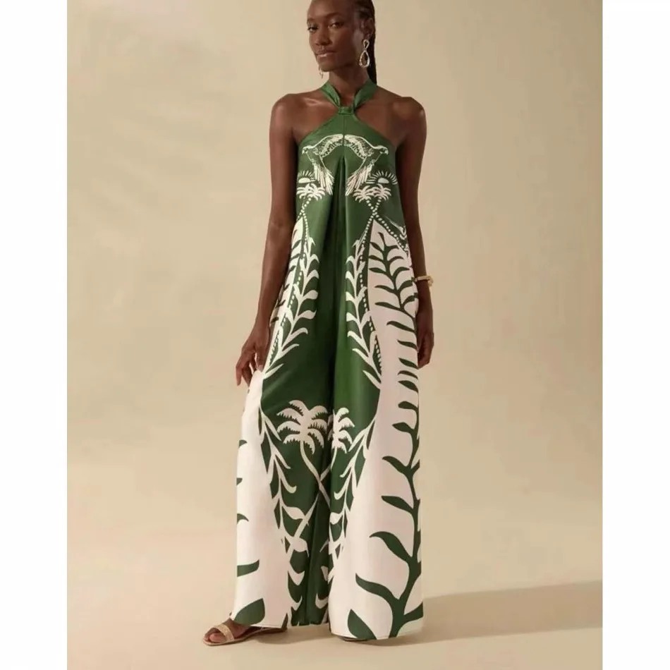 

Fashionable Sexy Printed Neck Hanging Sleeveless Wide Leg Pants High Waist Long Pants Women's Clothing Cross-Border 2025 Spring