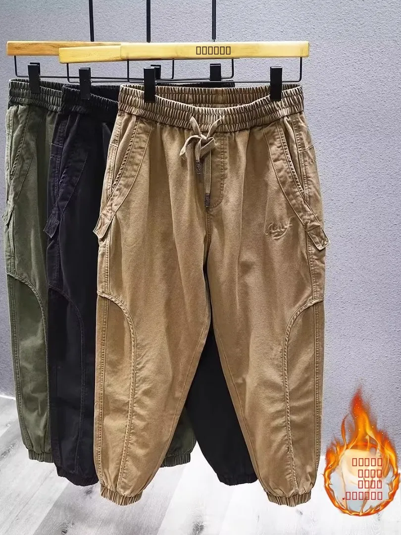 

Мужские рабочие брюки большого размера в японском ретро-стиле, утепленные флисом, на весну-осень-зиму, свободные, прямые, с манжетами, в стиле Харлан