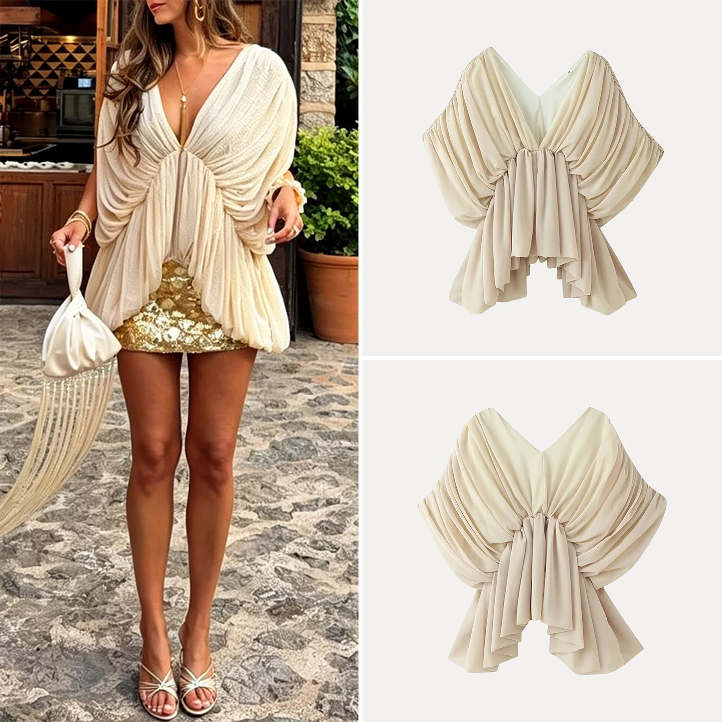 Fashionable V-neck Pleated Asymmetrical Design Women's Top Elegant Personality Autumn Wear ZADATA Brand Other Style