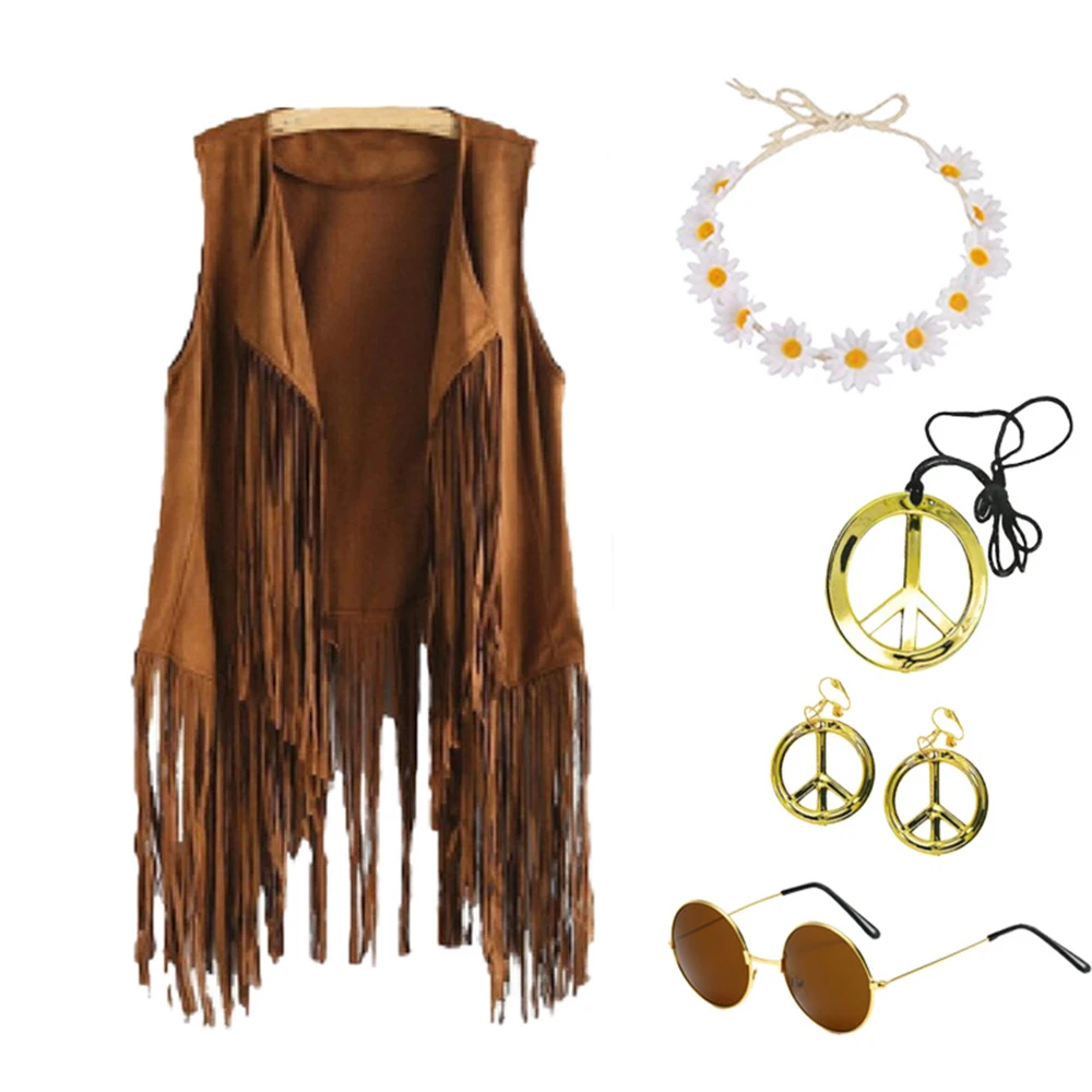 PESENAR Hippie Costume Set, 60s Women Hippie Costume Accessories Set, Includes Tassel Vest & Boho Headband & Tassel Earrings