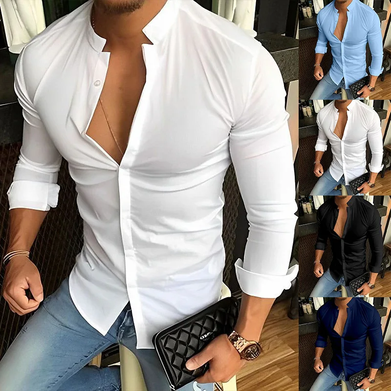 

2025 Men's Solid Long Sleeve Shirts Fashion Stand Collar Business Casual Versatile Slim Tops Male Gym Sport Fitness Muscle Shirt