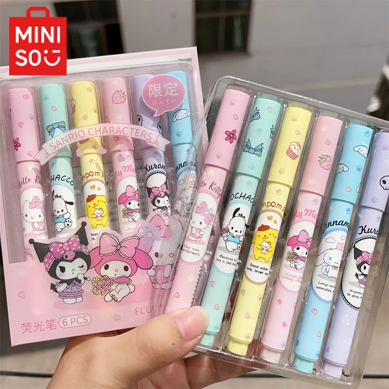 Sanrio Hello Kitty 6Pcs Highlighter Pen Set Kawaii Kuromi Melody Cinnamoroll Art Fluorescent Markers Pens School Office Statione