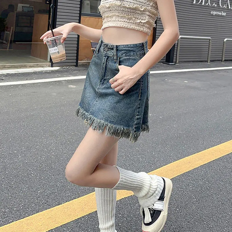 Spice Girl Casual Hip Wrap Rough Selvedge Half Body Denim Skirt, Women's Summer New Fashion Retro Design Fringe A-line Skirt