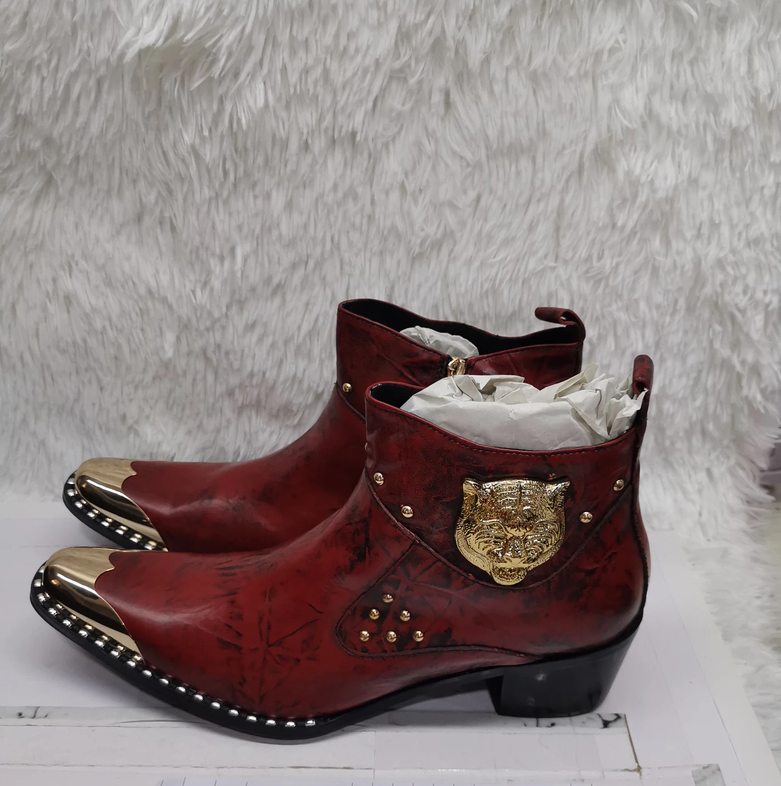 

Elegant Luxury Brand Genuine Leather Men's Ankle Boots with Metal Capped Toe Rivets Zip Closure for Dress And Wedding Shoes