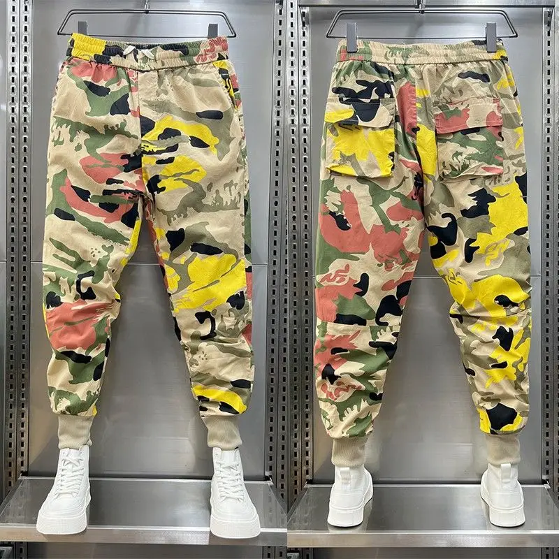 2024 Summer Casual Cargo Pants Men's Trendy Drawstring Elastic Waist Camouflage Ankle Length Pants Korean Loose Sports Trousers