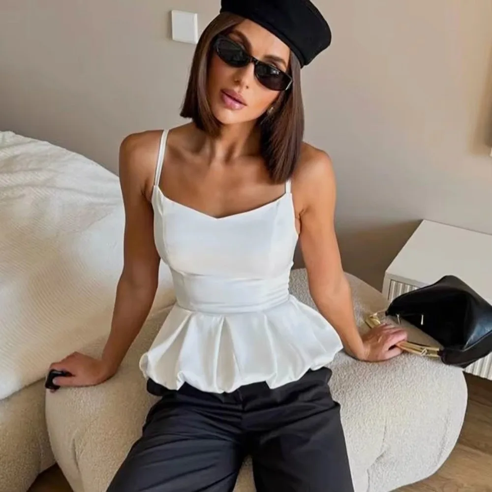 Elegant Bud-shaped Hem Satin Strap Vest Lace Up Satin Sleeveless Top White Black Sling Top Spring