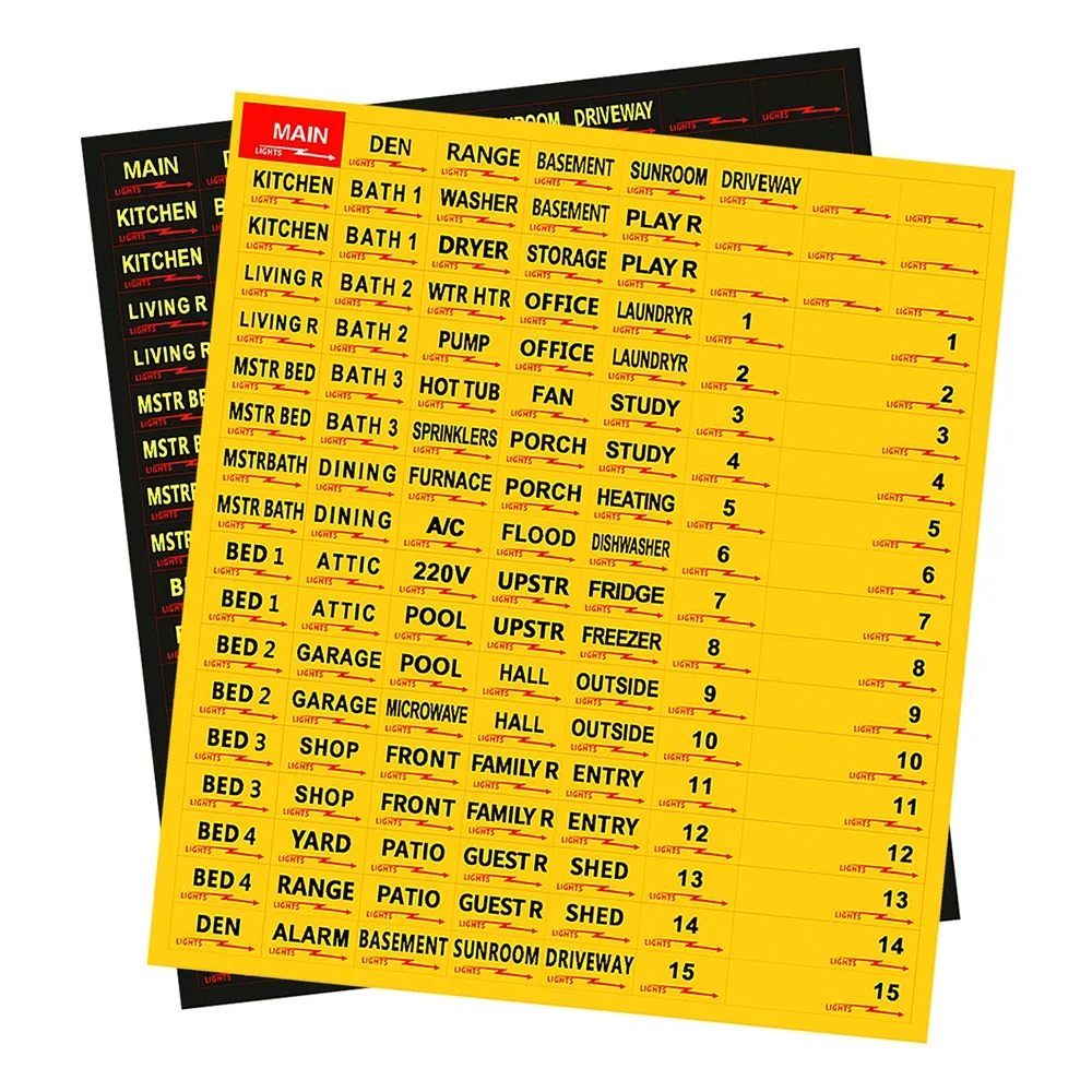 1sheet/129pcs Circuit Breaker decals vinyl Labels Waterproof Fuse Box Stickers for Home Office Electrical Panels Yellow/black