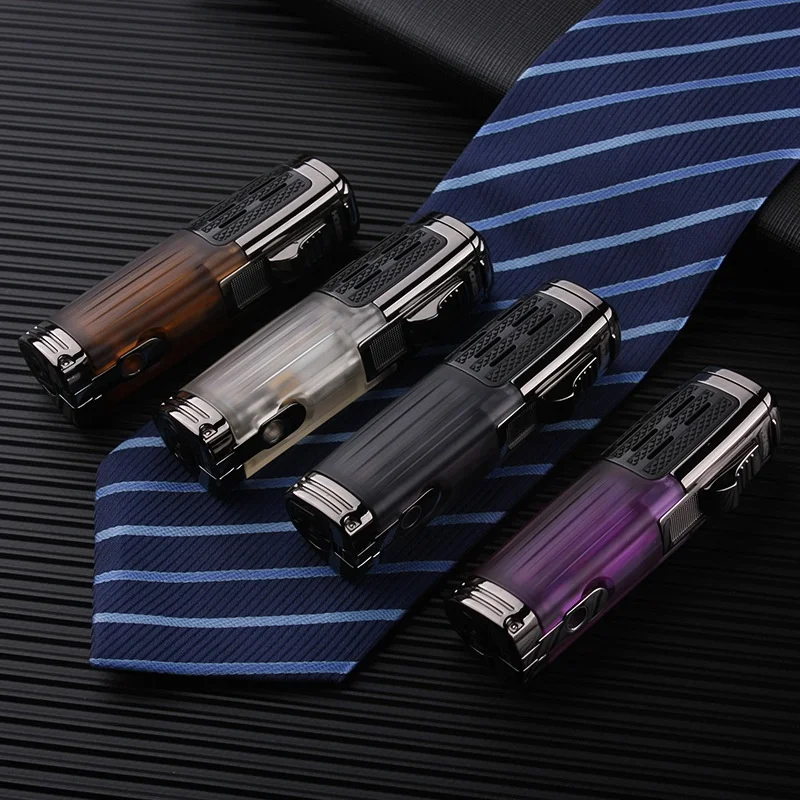 Honest Clear Metal Butane Lighter with Cigar Cutter Cigarette Lighter Windproof Gas Torch Spray Gun Triple Flame Lighter