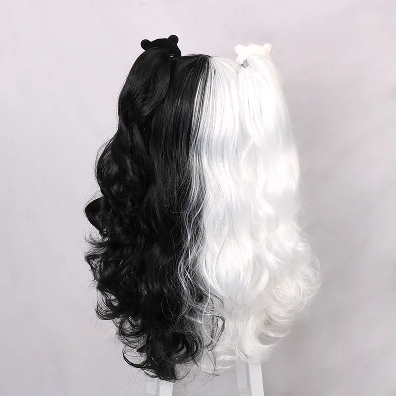 دانغانرونا تشبه الإنسان أنثى الجسم التحول الرقص، أبيض وأسود الدب شعر مستعار تأثيري، شعر طويل أبيض وأسود مموج