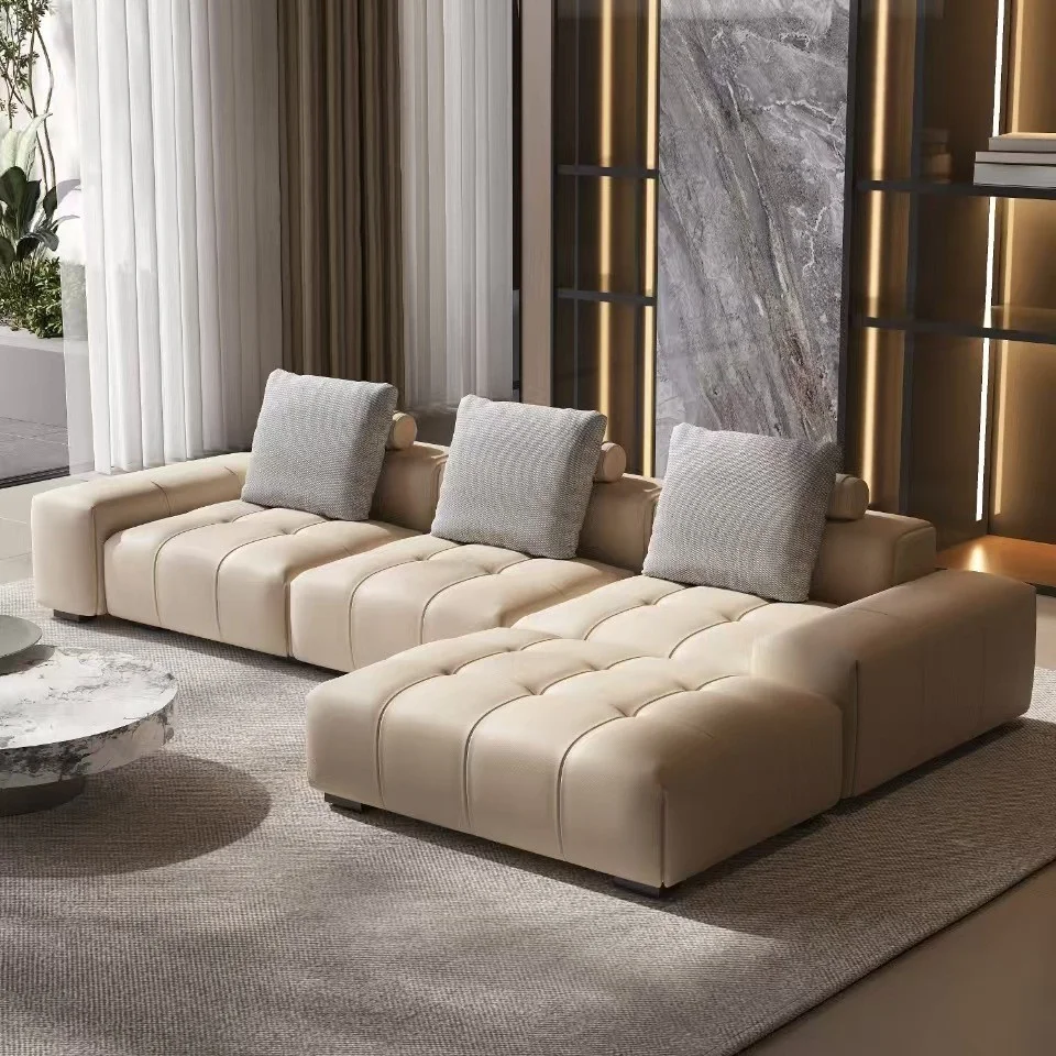#Italian Minimalist Genuine Leather Pixel Sofa Set Top Layer Cowhide Large Flat Living Room Large Apartment Standard 50D Foam