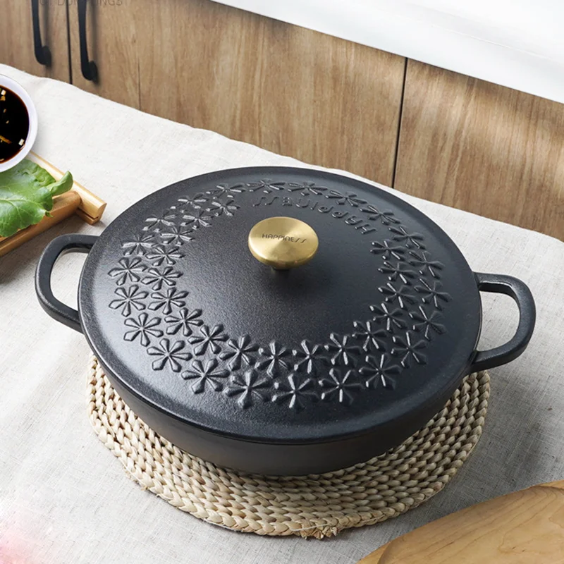 

28CM Flower Relief Dutch Oven Black Non-sticks Cast Iron Soup Pot With Lid Saucepan Casserole Kitchen Accessories Cooking Tools