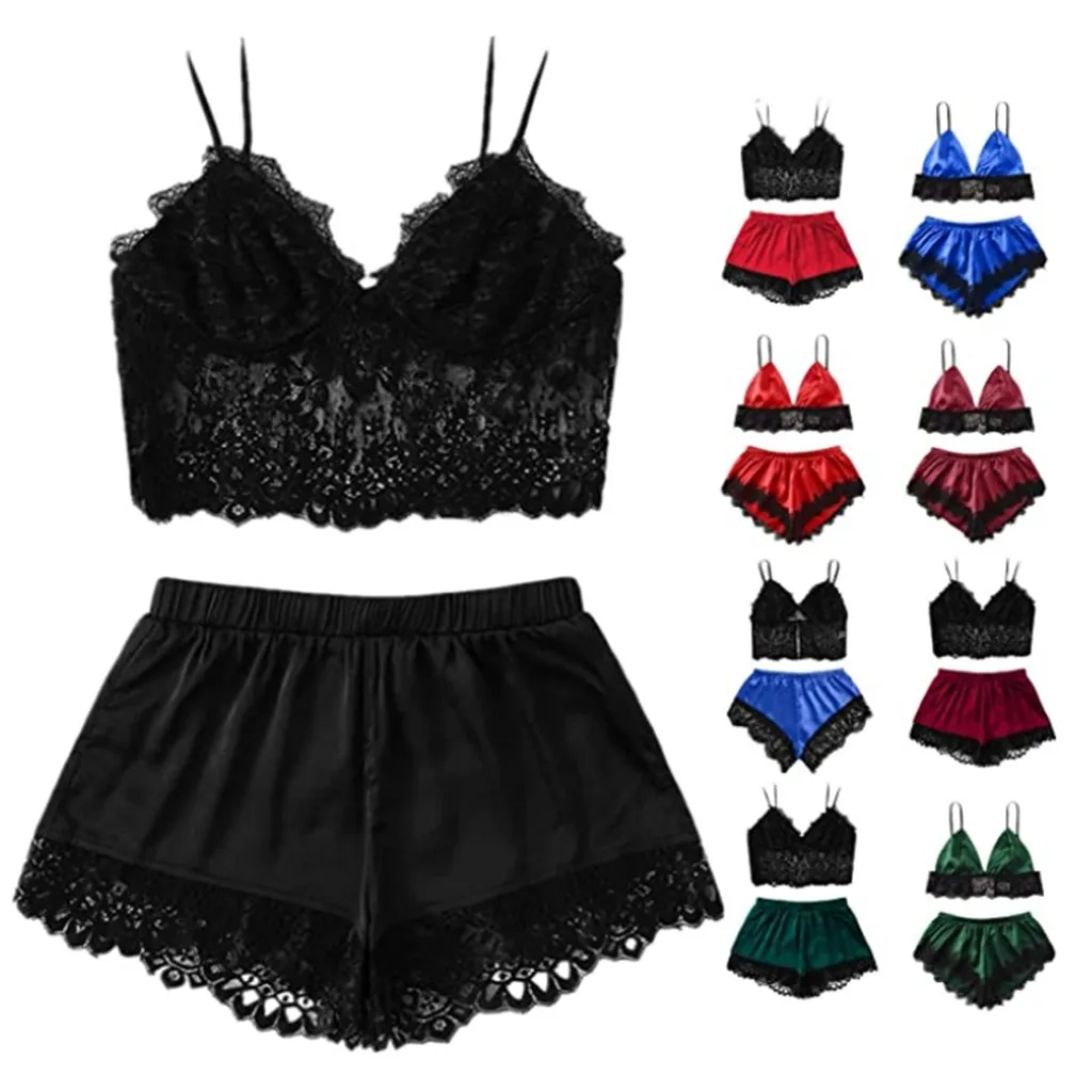 1 Set Womens Sleepwear Sexy Fashion Casual Lace Nightdress Lingerie Tops Shorts Set Babydoll Pajamas Nightwear Underwear