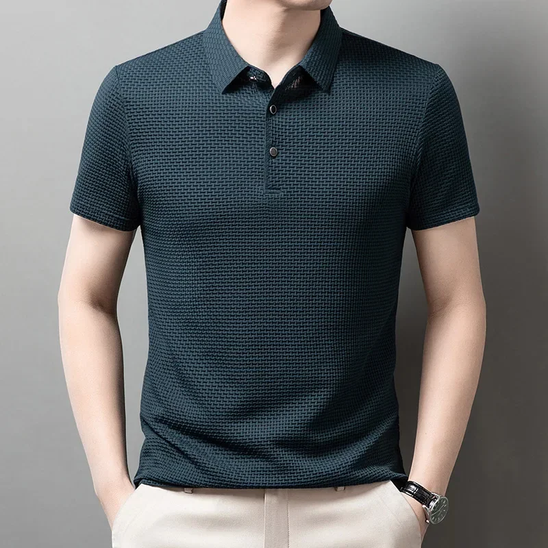 LIBIELIY Summer New Fashion Casual Trendy Men's T-shirts Short Sleeve Turn-down Collar Ice Silk Thin Breathable Solid Color Polo