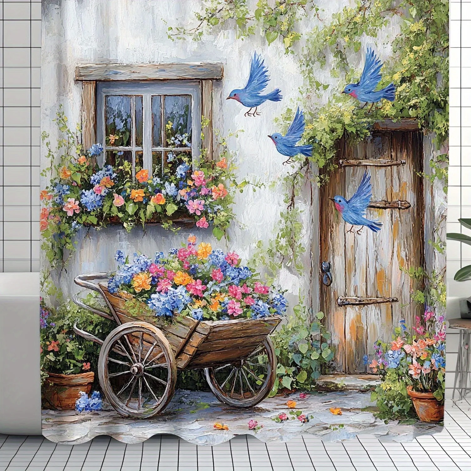 Watercolor Cottagecore Floral Garden Shower Curtain Blue Birds Rustic Vintage Bathroom Decor Woodland Fairy Nature Scene