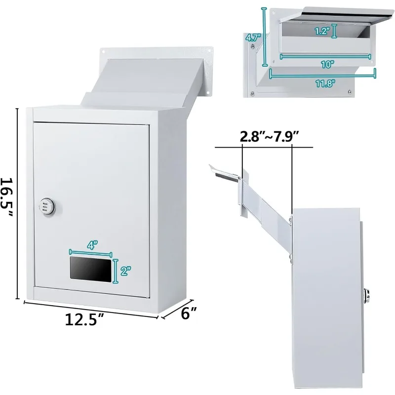 Through the wall delivery box with combination lock, adjustable chute to store safe mailbox, suitable for home office apartment